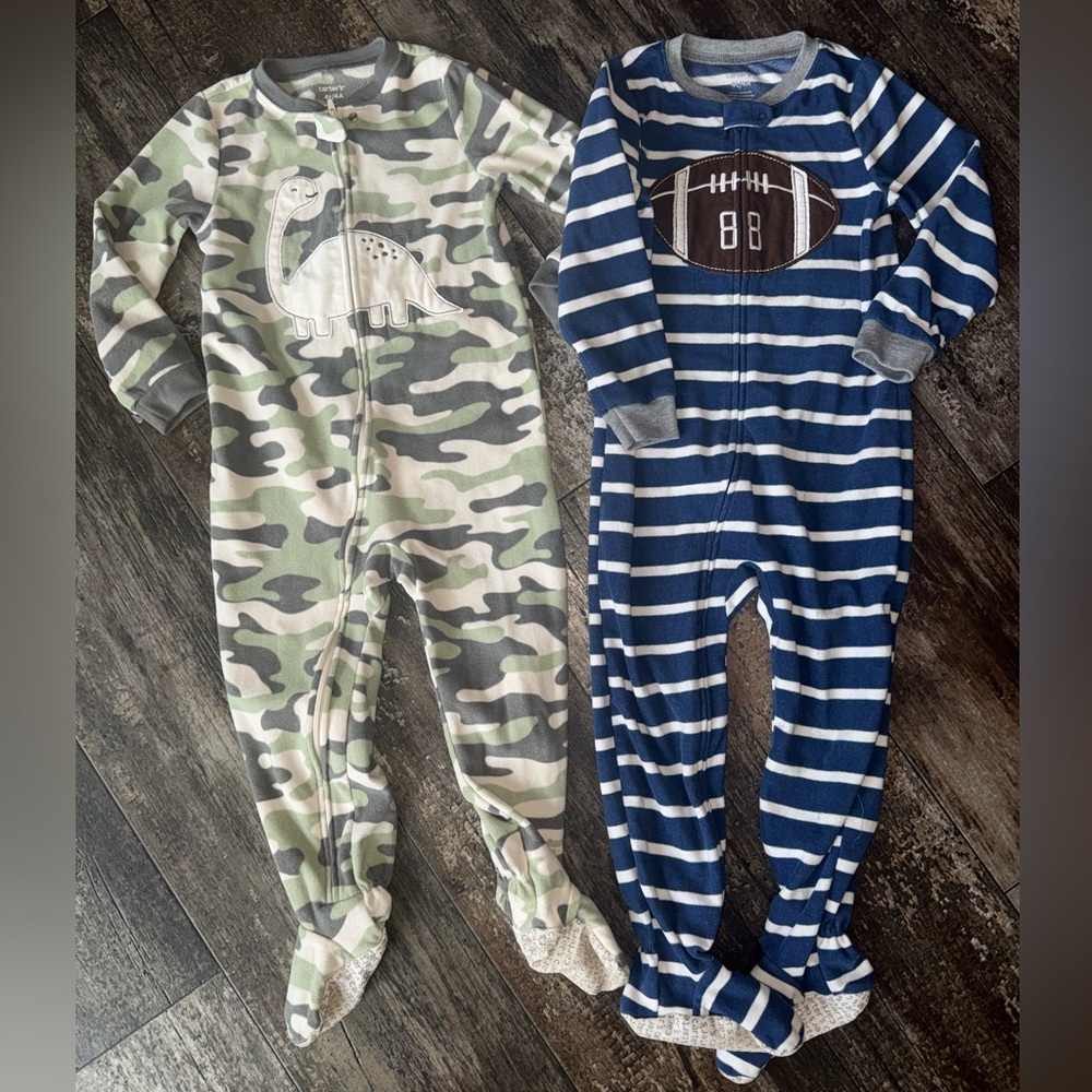 Carter's Green Camouflage Dinosaur and Navy Striped Football Footies
